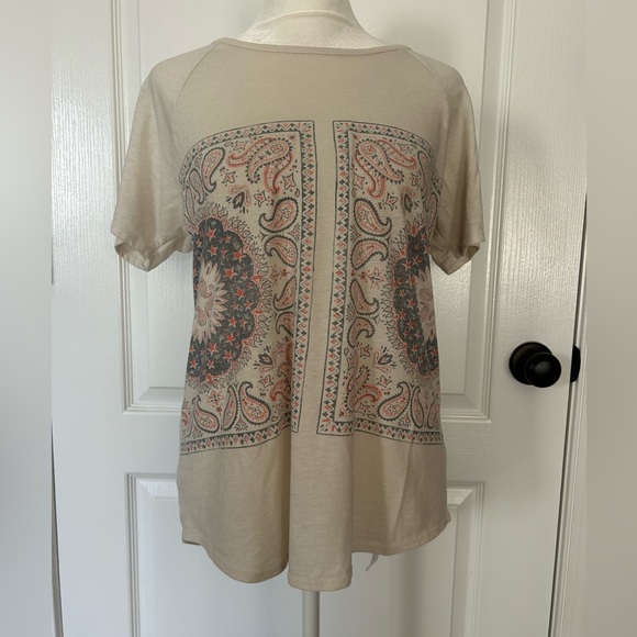 Lucky Women’s Beige Boho Short Sleeve T-shirt Top 100% Cotton Size Medium - Picture 1 of 8